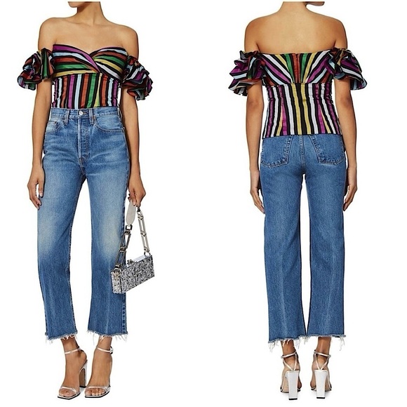 CAROLINE CONSTAS Rainbow Stripe Sweetheart Neck Ruffled Off Shoulder Top XS - Picture 8 of 11